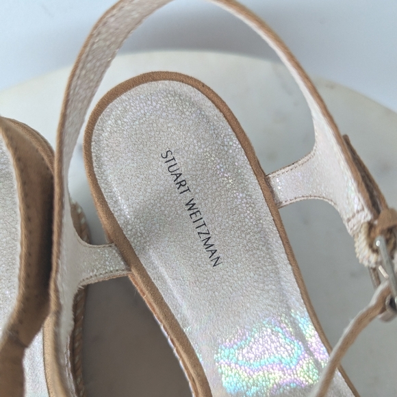 Stuart Weitzman Girls Tan Swinger Stitch Ankle Wrap Wedge Sandals - Picture 5 of 11